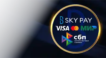Изображение популярных платежных логотипов, таких как Visa, Mastercard и МИР, а также Sky Pay, подчеркивающее гибкость платежей в Игорный дом Максбетслотс онлайн-казино.